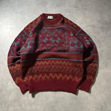 빈티지 레드 멀티 컬러 올 패턴 기하학 레트로 디자인 니트