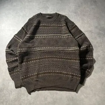 빈티지 브라운 보더 기하학 3D 레트로 디자인 니트 스웨터
