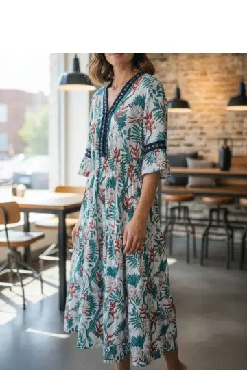 플로럴 프린트 플레어 슬리브 원피스 38