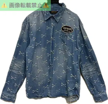 *VANSON 자카드 크로스 본 올 패턴 데님 긴팔 워크 셔츠 XXL