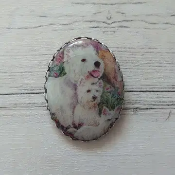 개 그림체 타원형 브로치 포셀린 카메오 멋진 일품