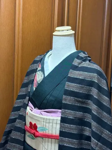 일본 의류용 방한복 ~ 모몽가 코트 울 블랙 브라운 스트라이프 겉옷