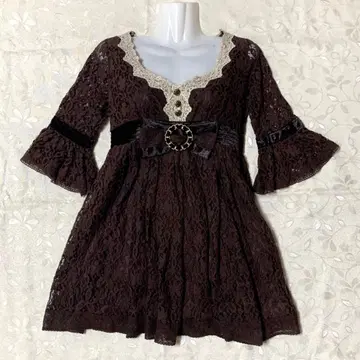 [ 새상품 ] LIZLISA 레어 전체 레이스 원피스 브라운 리본