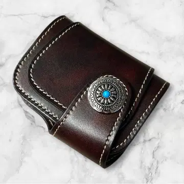 천연 가죽 콤초 장식 접이식 지갑/소가죽/브라운/바이커/아메카지/빈티지