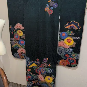 [ 고급 ] 빙가풍 다크 그린 꽃무늬 후리소데