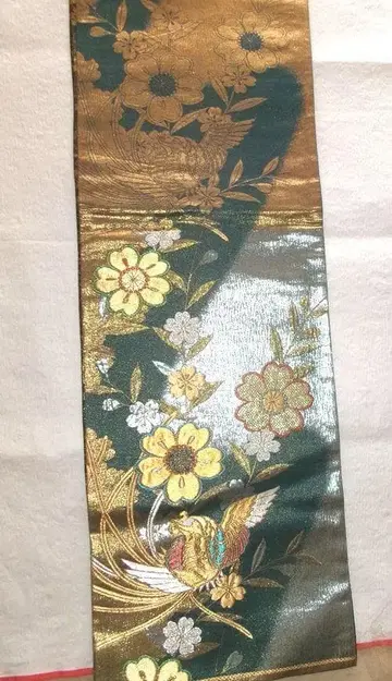 후리소데용 중고 후쿠로 오비 순수 실크 봉황과 벚꽃 패턴