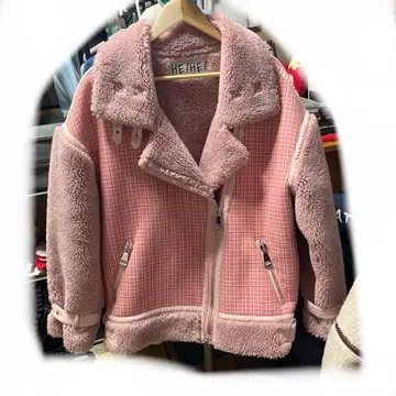 HEIHEI 보아 체크 라이더 자켓 핑크 체크 무스탕 코트