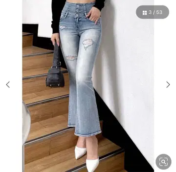 하이웨스트 BACK 크로스 데미지 플레어 데님 팬츠 gyda 아이스 블루