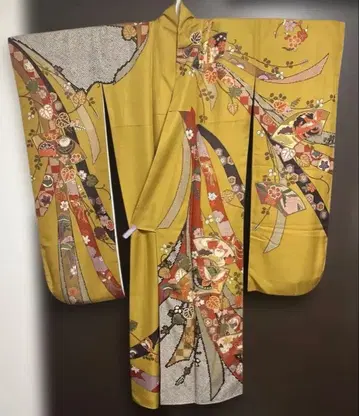 후리소데 산황색 브라운 금채 부채 문양 순수 실크 새상품급