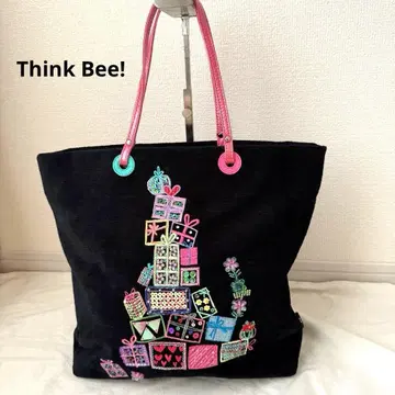 Think Bee! 토트백 블랙 핑크 하트 라메 자수