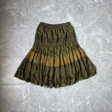 레이스 절개 캉캉 스커트 카키 x 머스타드 보헤미안