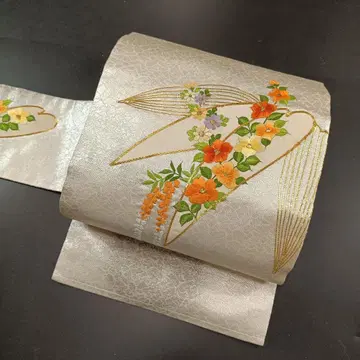 순수 실크 9치 나고야 오비 얼음 갈라짐 금마름 꽃 자수 a988