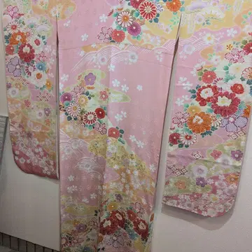 핑크 꽃무늬 후리소데 기모노 실크