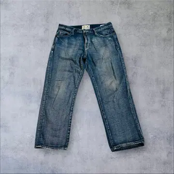 데님 팬츠 크롭 기장 면 100% 인디고 하이웨스트 구제 의류 M L