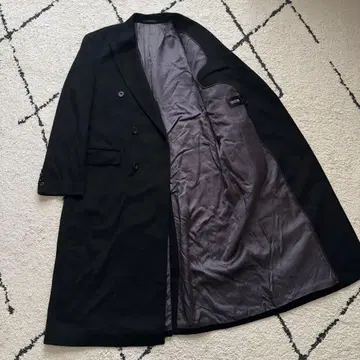 최고급 캐시미어 100 더블 체스터 코트 맥시 길이 블랙 XL 사이즈