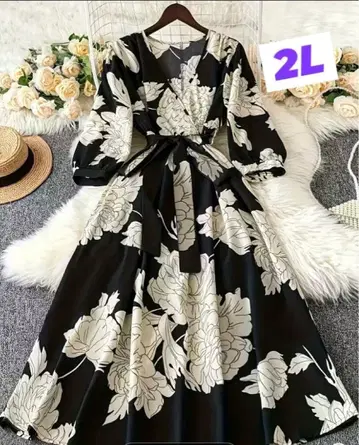 허리 리본 플로럴 롱 원피스 7부 소매 화이트 x 블랙 2L