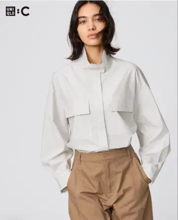 유니클로 C 코튼 스탠드 카라 셔츠 자켓 베이지 스트라이프 M