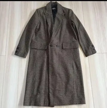 ZARA 체크 무늬 더블 브레스트 롱 코트