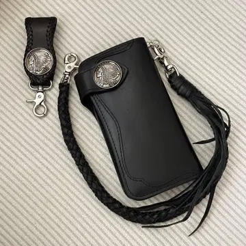 새상품급 바이커 지갑 천연 가죽 블랙