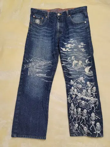 호텐 상점 스켈레톤 자수 데님 팬츠 사이즈 XL