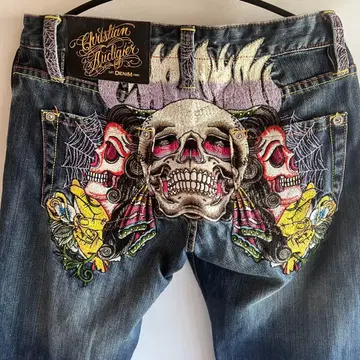 크리스찬 오드제이 총 자수 데님 스컬 거미줄 W30