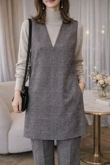 투모로우랜드 트위드 하운드 투스 V넥 튜닉 원피스 일본제