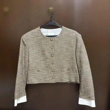 미사용 새상품 SANDRO 노카라 체크 자켓 골드 버튼