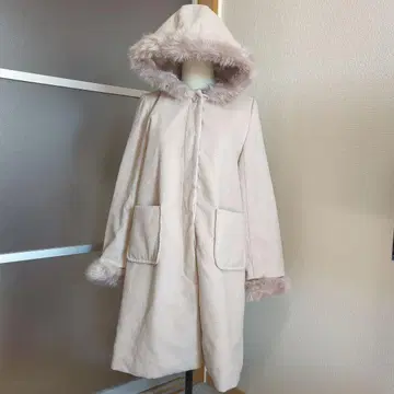 베이지 핑크 후드 부착 더플 코트 무스탕 코트 롱 코트 M