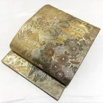 A 사원 풍경에 꽃들 금실 순수 실크 육통 후쿠로 오비 포멀 O193