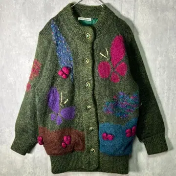 모헤어 터치 니트 가디건 입체 장식 나비 자카드 그린 레트로