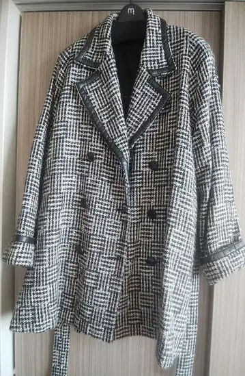 천연 가죽 장식 울 체크 무늬 더블 브레스트 피 코트