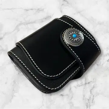 천연 가죽 콤초 장식 접이식 지갑/소가죽/블랙/바이커/아메카지/빈티지