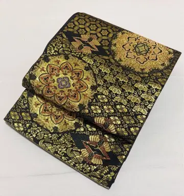 C 꽃 문양 학 모양 금실 블랙 순수 실크 육통 후쿠로 오비 포멀 O29