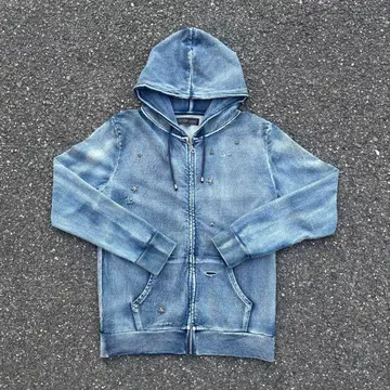 intheattic 데님풍 집업 후드티 별 스터드 장식 데미지 가공