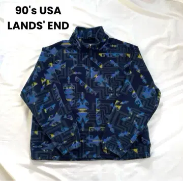 USA 제조 90's LANDS' END 하프 지퍼 플리스 올 패턴