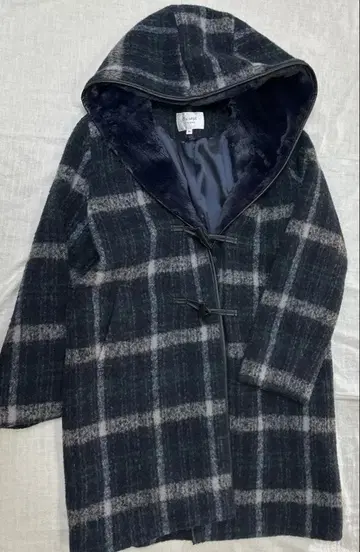 후드 부착 더플 코트 네이비 체크