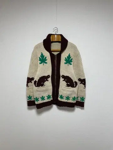 50s 60s 카우친 비버 x 메이플 니트 스웨터 가디건