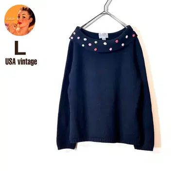 [ USA 구제 의류 ] 스웨터 오프 터틀넥 블랙 폼폼 코튼 긴팔