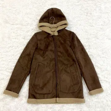 BEAMS 빔즈 페이크 무스탕 코트 S 후드 아우터 브라운