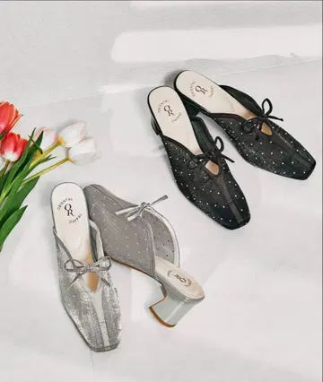 ORIENTAL TRAFFIC 실버 그레이 리본 포함 뮬 L 사이즈