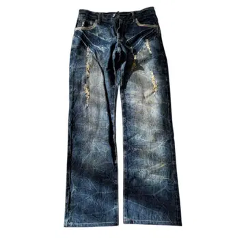 그런지 y2k 빈티지 스트레이트 데님 와이드 구제 의류
