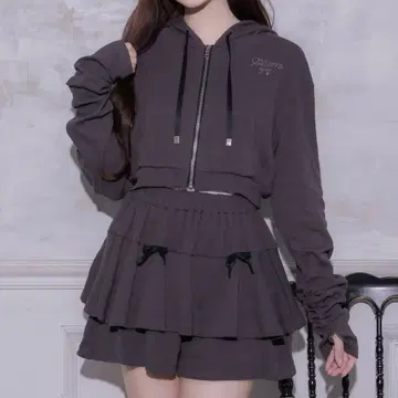 pium 개더 슬리브 리브 후드티 세트 셋업