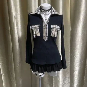 체크 무늬 리브 티셔츠 가슴 포켓 y2k 헤이세이 갸루