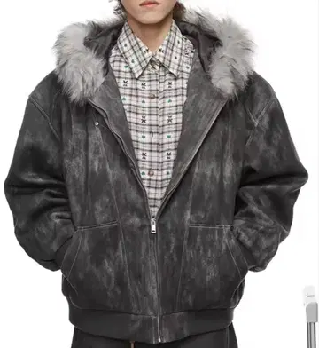 빈티지 가공 퍼 후디드 블루종 그런지 Y2K 짧은 기장 와이드