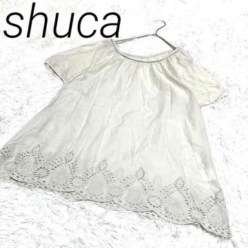 shuca 자수 베이지 반팔 튜닉 목 뜨개질 디자인