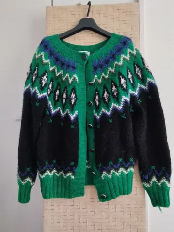 노르딕 가디건 손뜨개질 그린/블랙/파랑/화이트