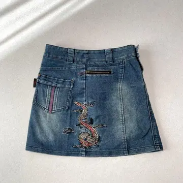 오즈 크로체 오즈온 드래곤 자수 데님 미니 스커트 Y2K 펑크