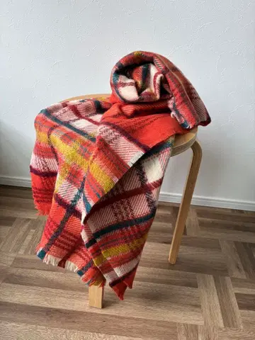 [ 미사용 ] 독일제 체크 무늬 대형 스톨/무릎 담요 오렌지