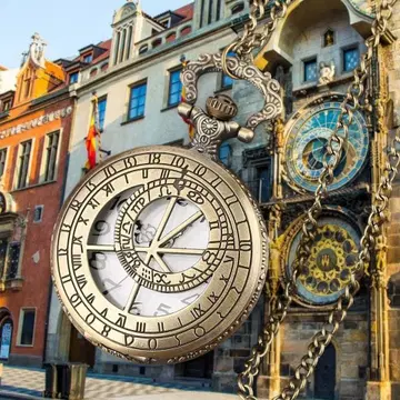 프라하 천문 시계 앤티크풍 회중시계 체인 포함