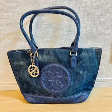 [ 가격 인하 ] Guess 데님 x 가죽 블루 토트백